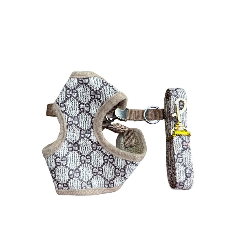 Print Soft Faux Leather Dog Harness Vest & Matching Leash Set Beige Tan S